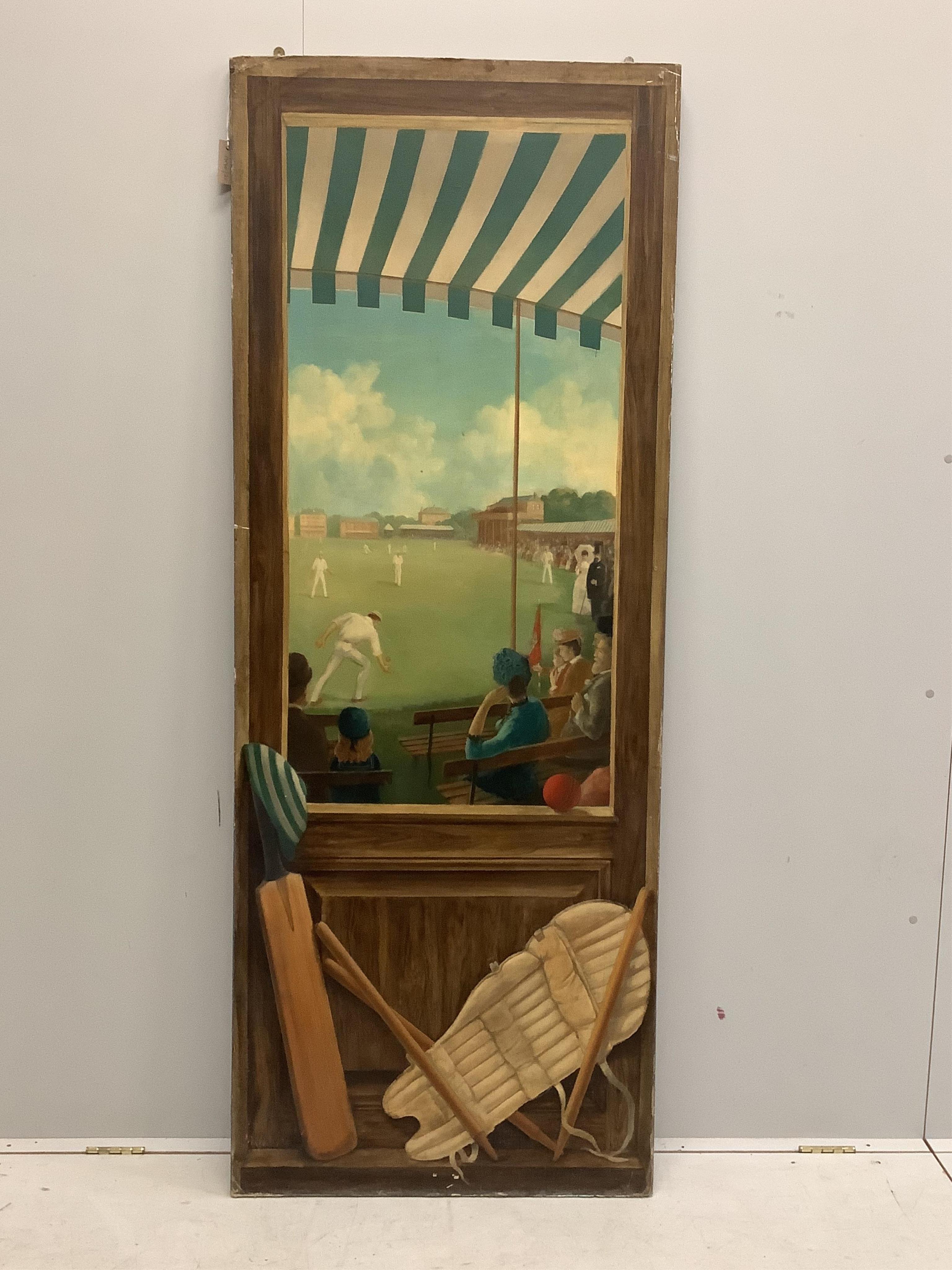 A Trompe l'oeil decorated door 'Lords Cricket Ground with Edward VII and Mrs Simpson', width 76cm, height 198cm. Condition - good